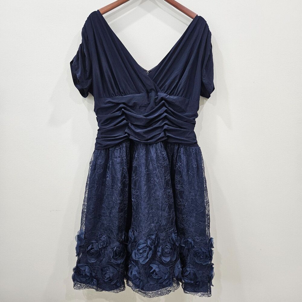 SLNY Womens Rosette Ruched Lace Overlay Dress Plus Size 18W Navy Romantic Fairy